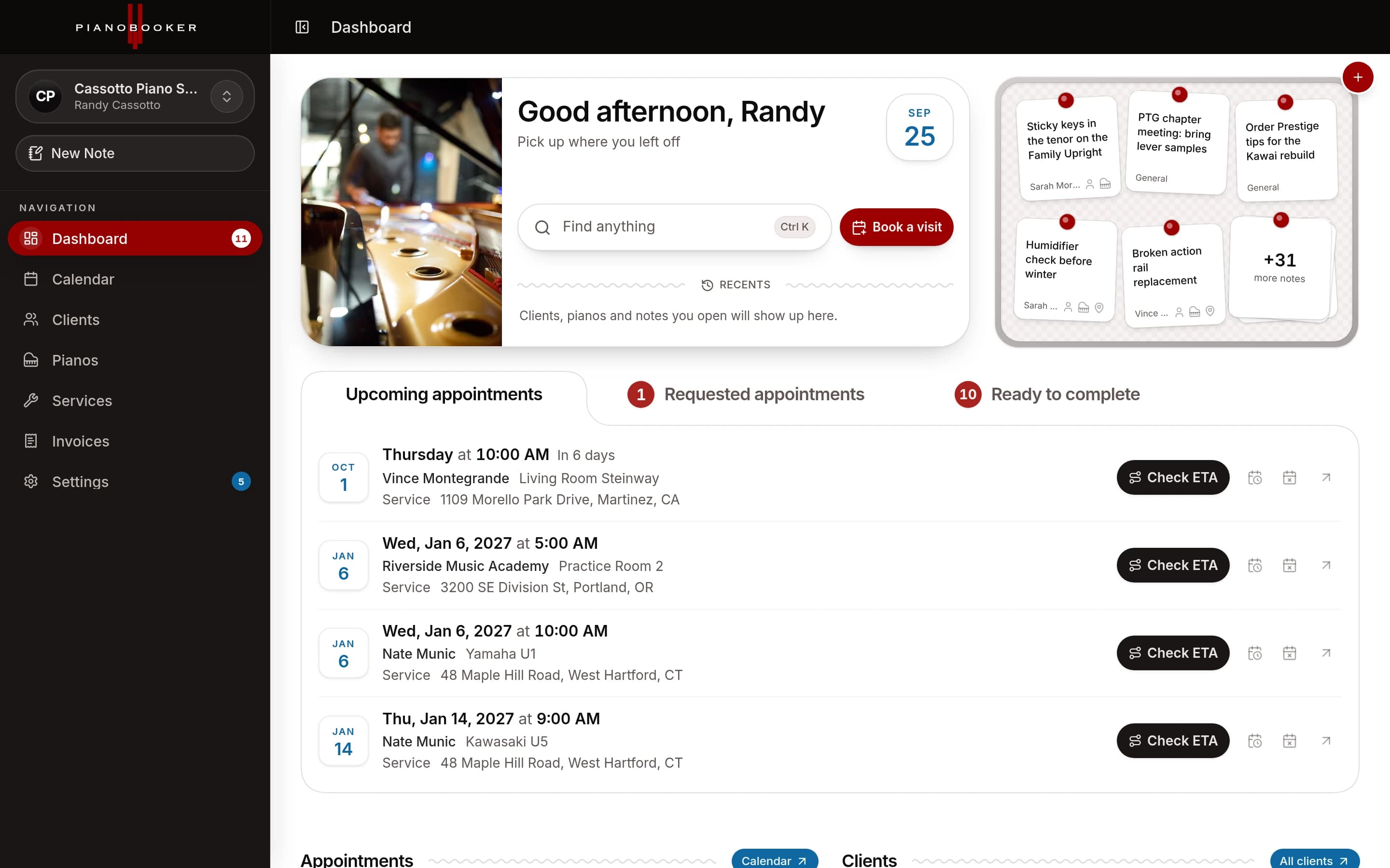 The Pianobooker dashboard: today's greeting, pinned notes and upcoming appointments