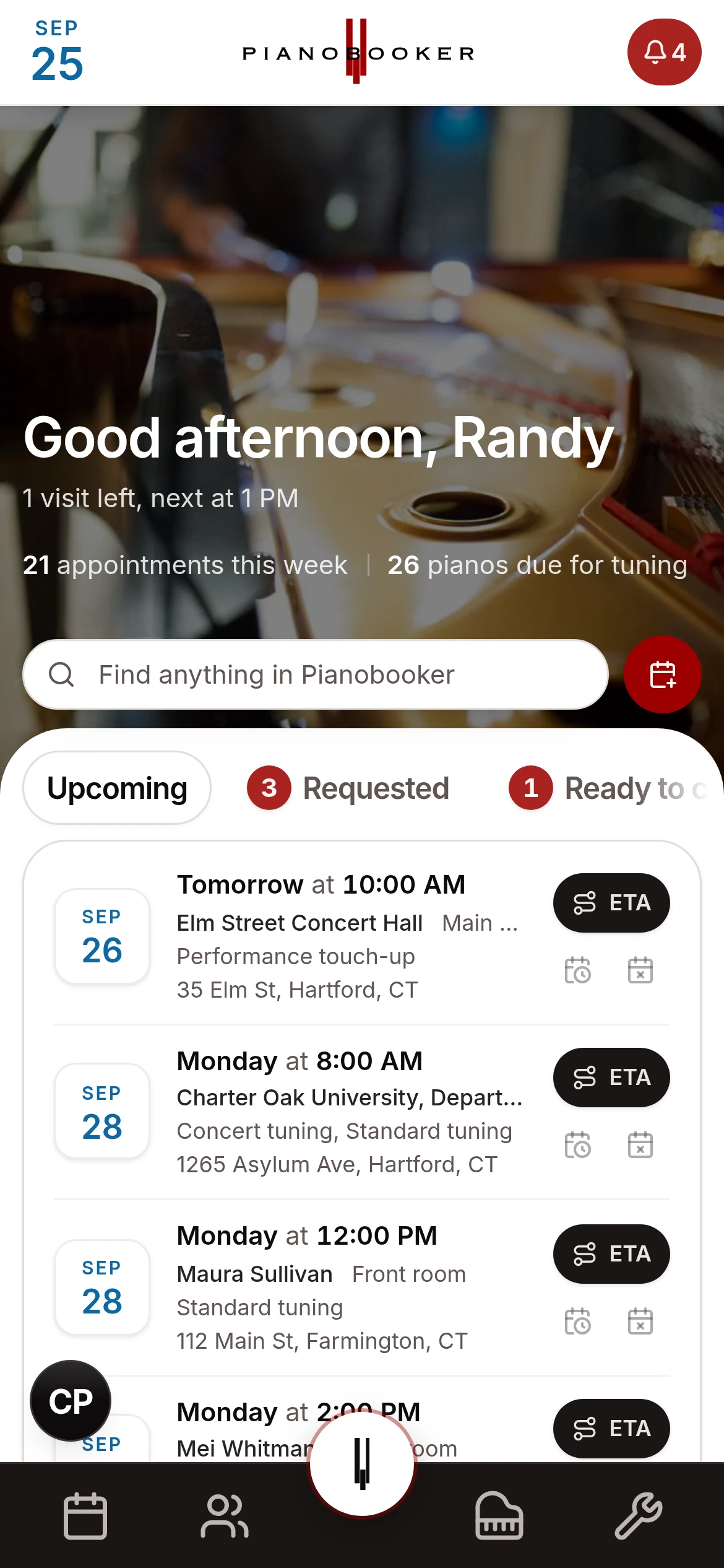 The Pianobooker dashboard on a phone