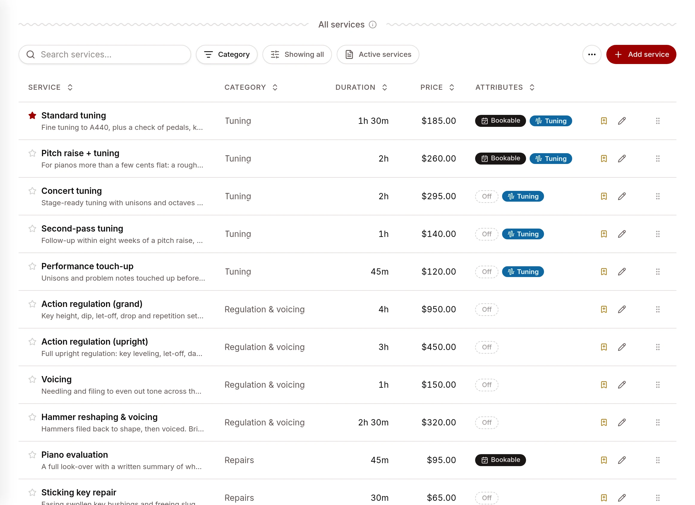 The service catalog with each service's duration and price